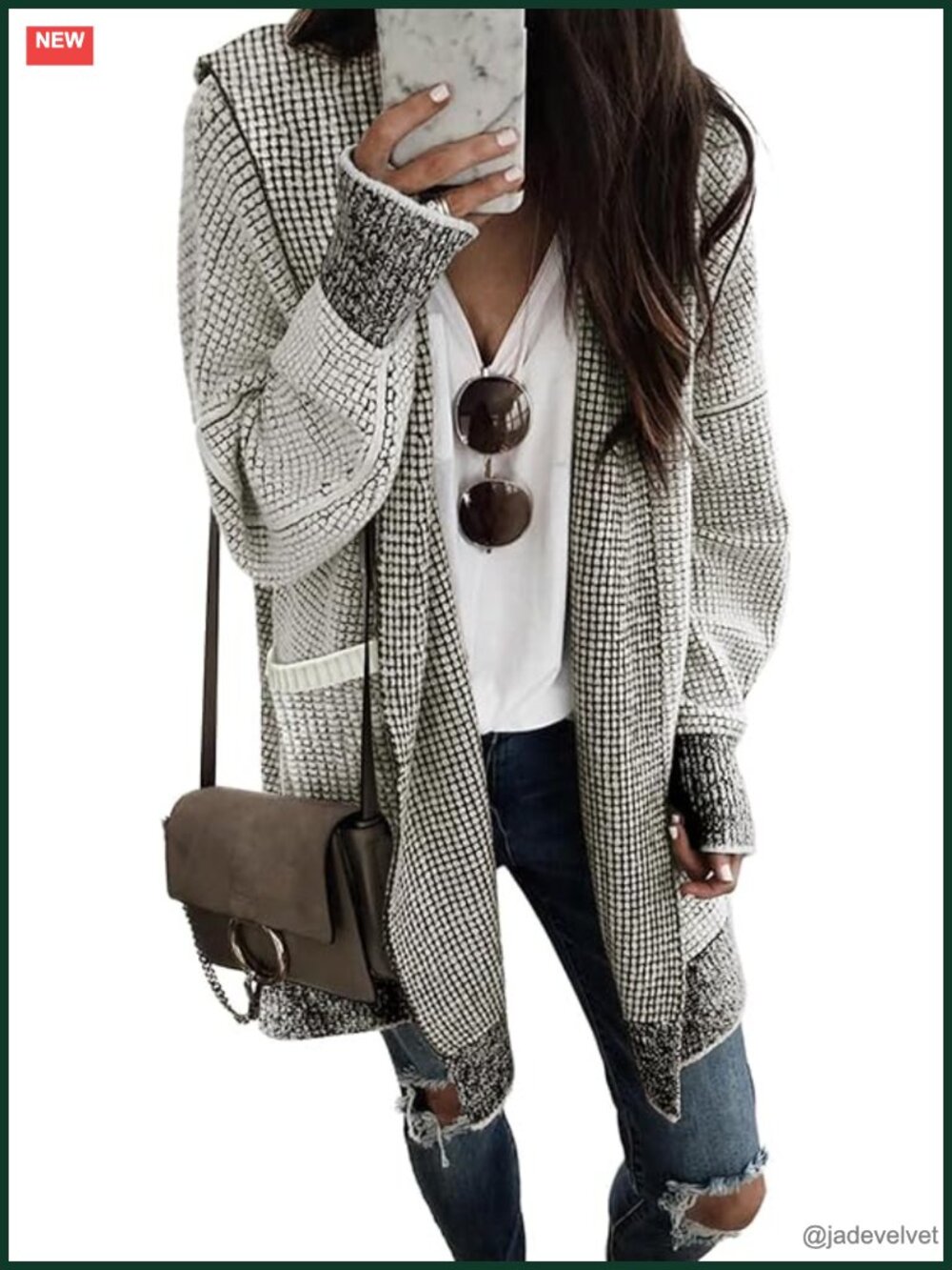 Oversized Hooded Chunky Knit Plaid Cardigan Sweater Coat Open Front Fall